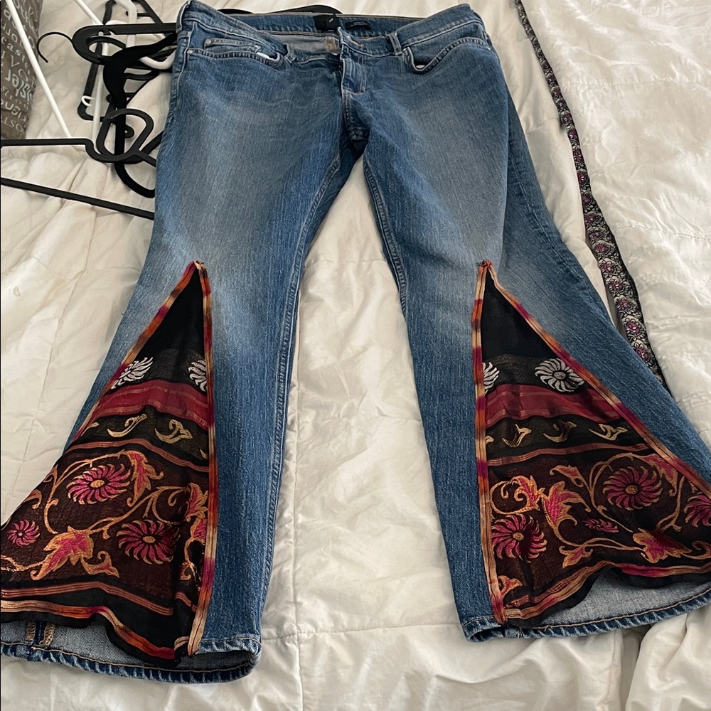 H&M Blue Flare Jeans with Black and Red Embroidery